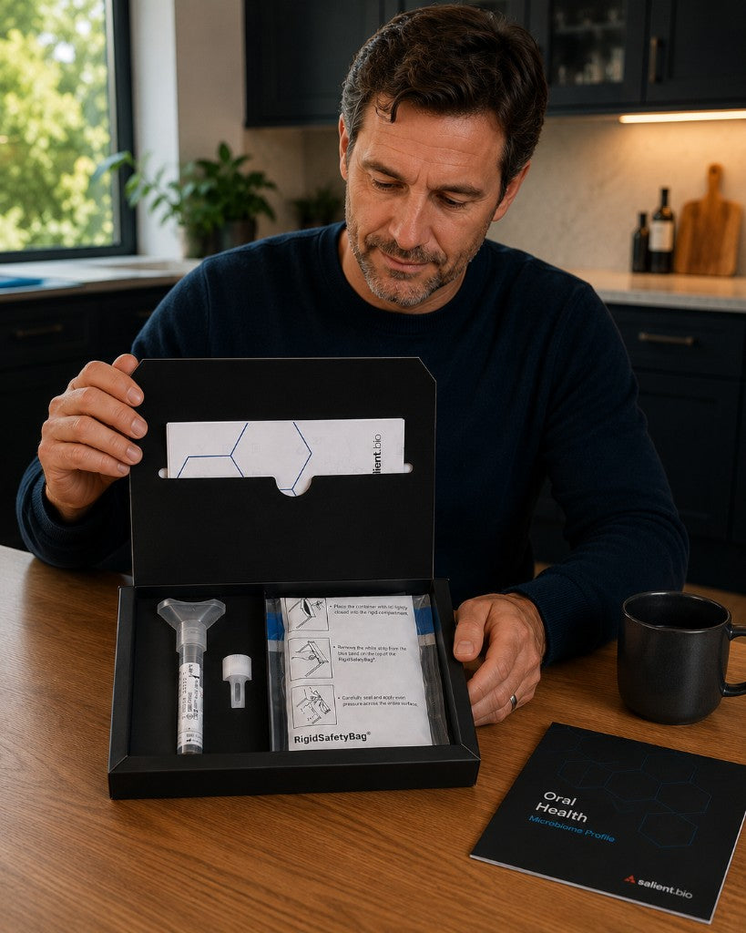 Person opening an Oral Health kit and reviewing collection instructions at home