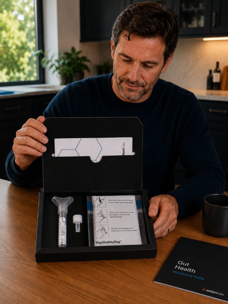 Person opening a Gut Health Microbiome Profile kit and reviewing collection contents at home