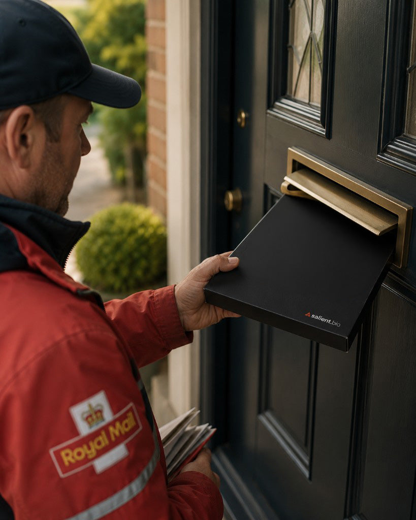 Royal Mail delivering a Salient Bio test kit through a letterbox